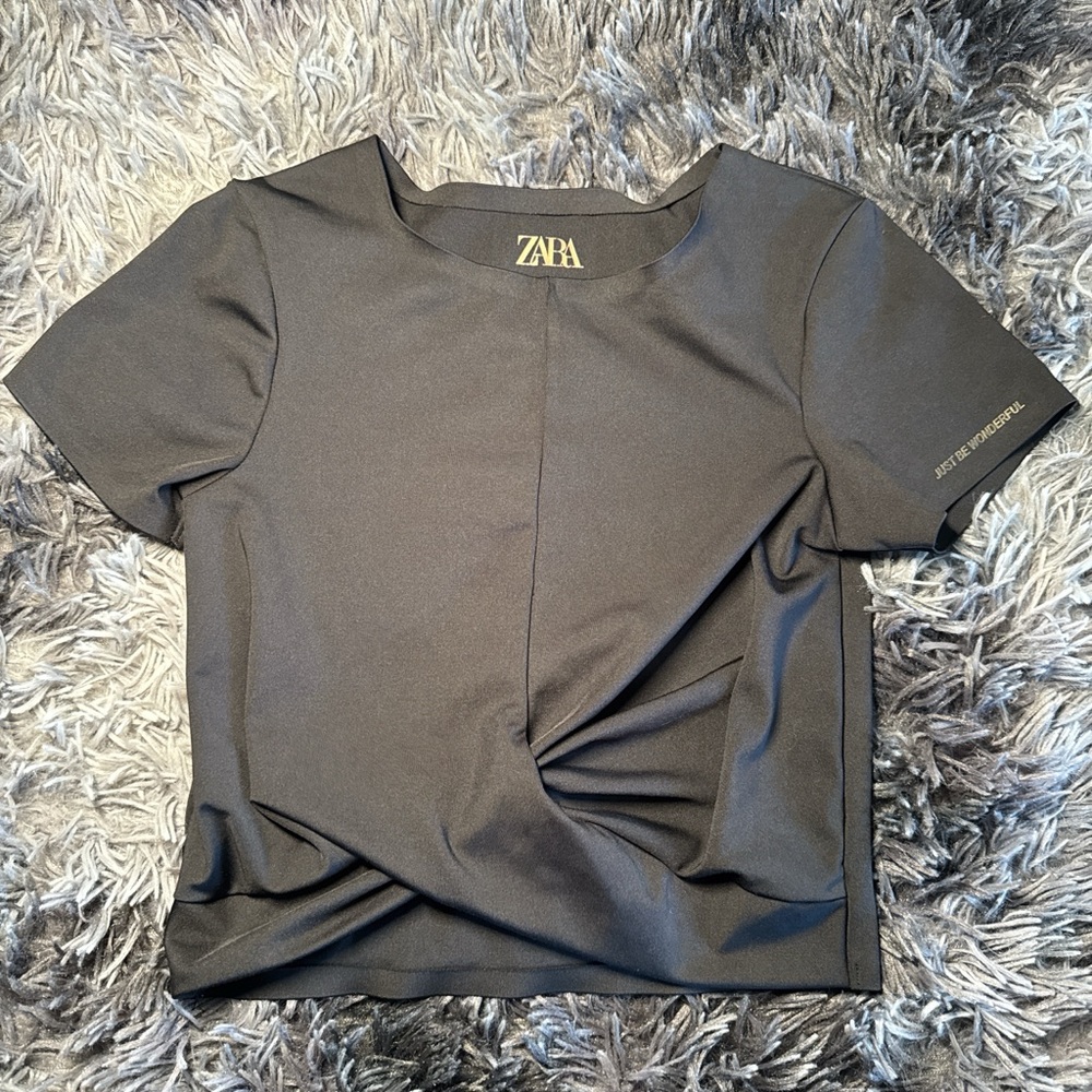 Zara Black Short Sleeve Twist-Detail Top
